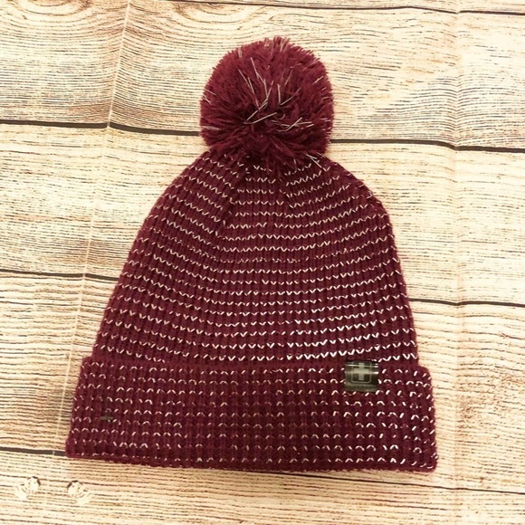Swiss Tech Burgandy and Silver Pom Pom Beanie One Size - Picture 1 of 7